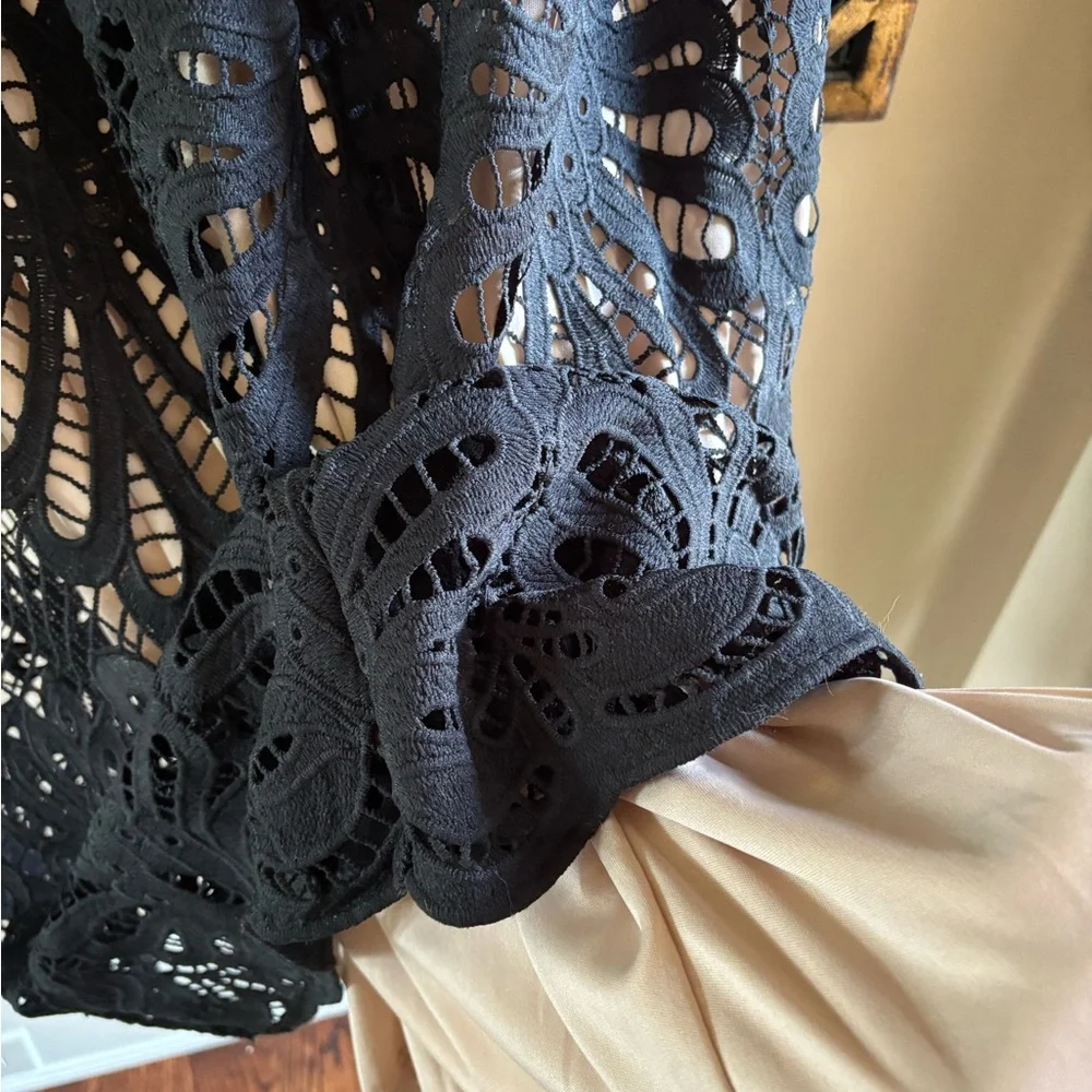 Bohme Black Tan Long Sleeve Mock Neck Cocktail Gown - Picture 10 of 11